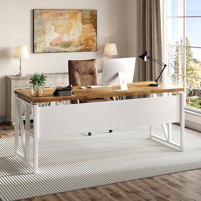LITTLE TREE 63-Inch Executive Office Desk Large Computer Desk with Storage Shelf Executive Desk with Metal Frame Thickened Desktop Study Writing Desk Work Station for Home Office Rustic + White