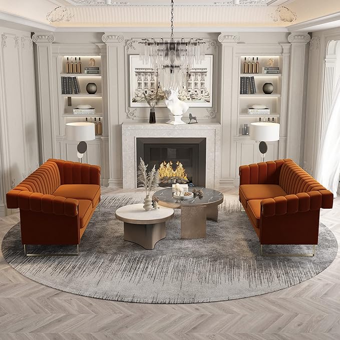 83'' Velvet Couch Sofa Mid-Century Modern Love Seat Chesterfield 3 Seat Couches Sofa for Living Room Apartment (Orange-2 PCS)