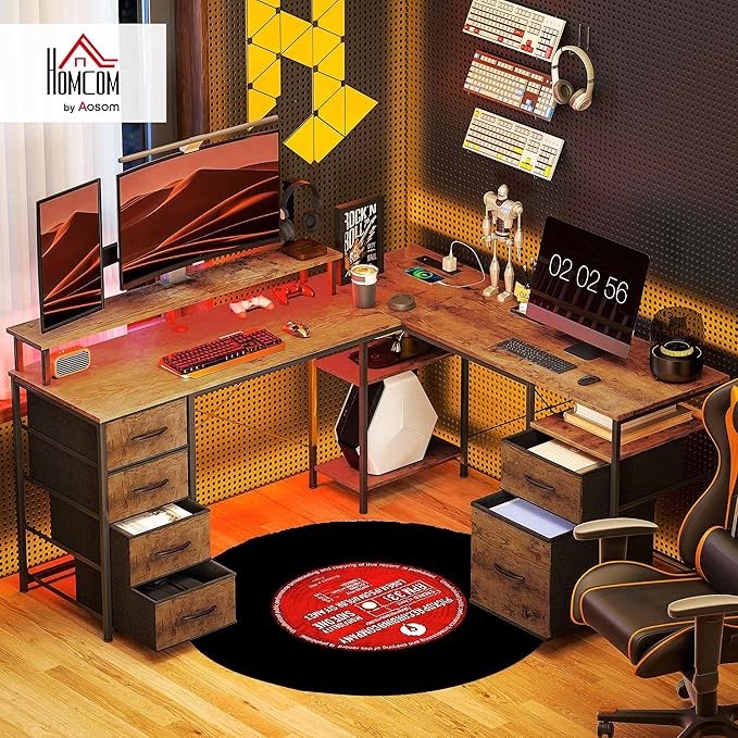 HOMCOM 66 L Shaped Gaming Desk Reversible 105 2 Person Computer Desk with File Cabinet and Fabric Drawers Power Outlets and LED Lights Monitor Stand Rustic Brown