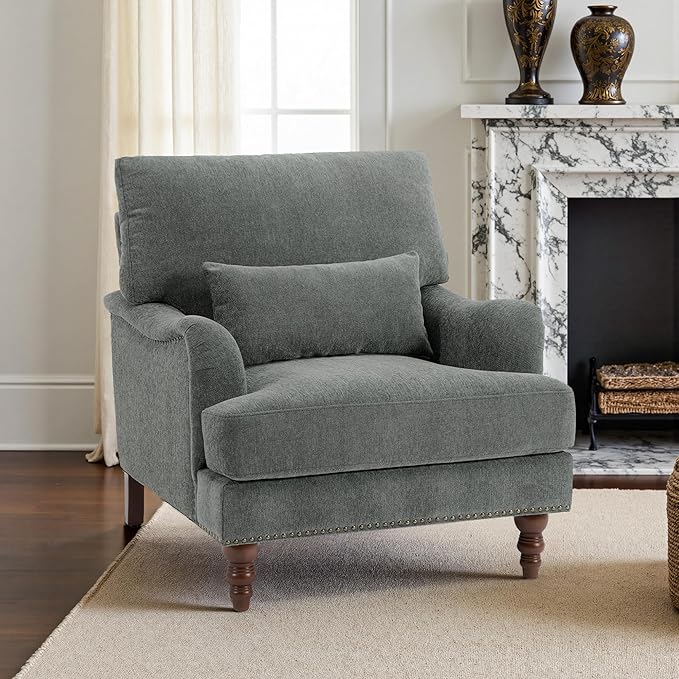 UIXE Accent Chairs Set of 2 Chenille Upholstered Armchair for Living Room Comfy Arm Chair Single Sofa Bedroom Retro Reading Seat with Solid Wood Legs - Gray