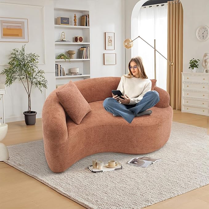 Modern Chenille S-Curved Modular Loveseat Sofa 66.9 Compression Sponge Boneless Couch No Assembly Required Cozy Upholstered Seating for Living Room Apartment Office or Meditation Space (Coral)