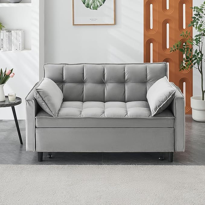 55 Modern Velvet Loveseat Sleeper Sofa 3-in-1 Convertible Pull-Out Bed with Adjustable Backrest 2 Pillows &amp Side Pockets Small Pull Out Couch for Living Room Apartment(Gray)