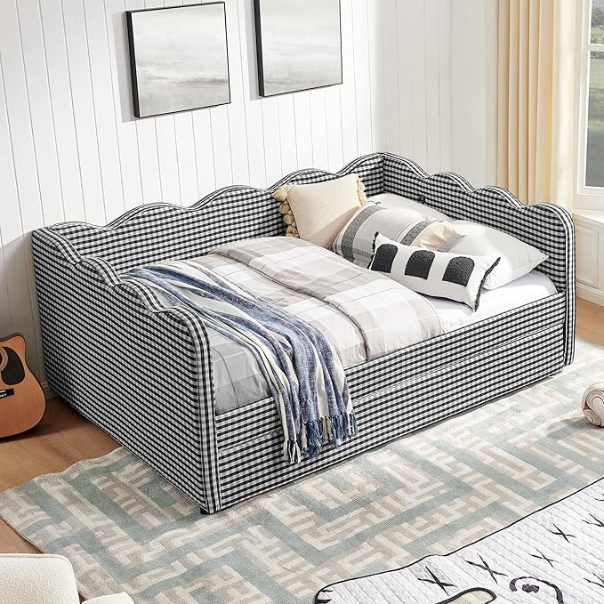 Cozy Gingham Daybed with Trundle Twin Size Sofa Bed No Box Spring Needed with USB Port and Adorable Wave Shaped Linen Fabric Navy (Full+Black)