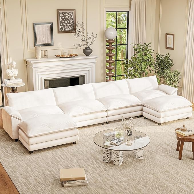 Furniwell 159 Modern Couches Sectional Sofa with Movable Ottoman U Shaped Sofa Couch with Comfy Chenille and Deep Seat 4-Seat Cloud Couch for Living Room Bedroom and Apartment