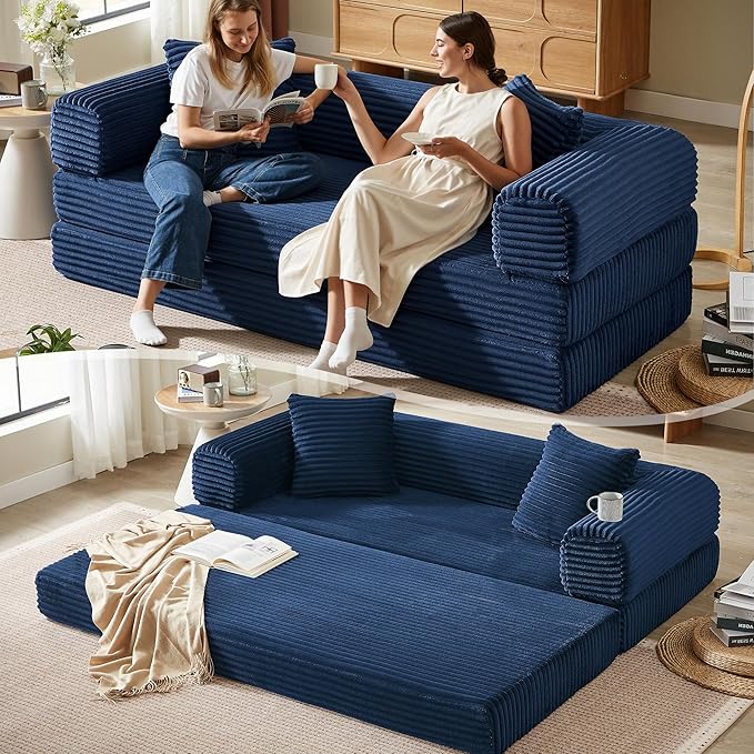 Boneless Couch Versatile Couches for Living Room No-Install Sofa Bed Corduroy Futon Soft Cloud Couch with Pillows for Bedroom Game Movie