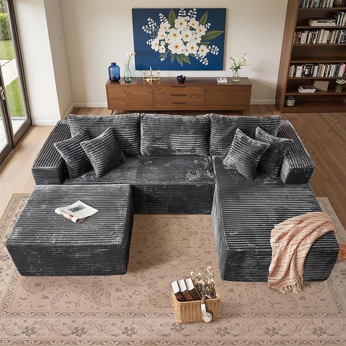 108 Boneless Cloud Couch with Ottoman Moudular Sectional Sofa with Deep Seat No Assembly Required Modern Minimalist Sofas with Chaise Comfy U Shaped Couches for Living Room Grey