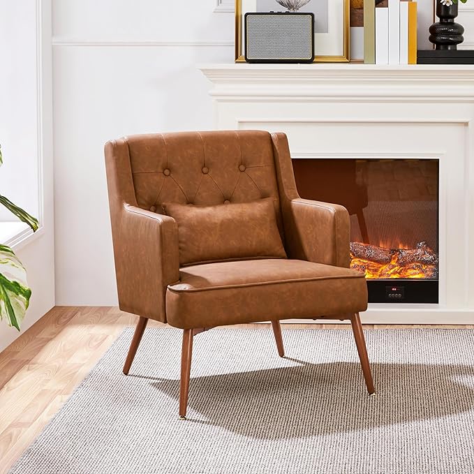 Yaheetech Accent Chair Living Room Chair Mid Century PU Leather Armchair Lumbar Pillow Comfy Upholstered Reading Chair Wood Leg Bedroom Lounge Brown
