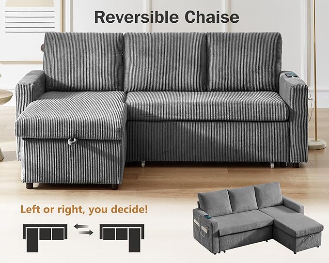 Vipbear 80 Sectional Sleeper Sofa Bed with Pull Out Bed L Shaped Couch Pull Out Couch with Reclining Backrest Reversible Storage Chaise USB Ports Tool-Free Assembly Corduroy Dark Grey