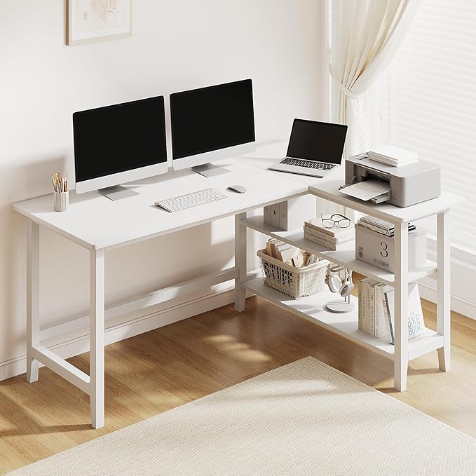 IOTXY Reversible L-Shaped Office Desk - 53 Modern Corner Computer Table with Storage Shelves Solid Wood Legs Home Writing &amp Study Workstation White