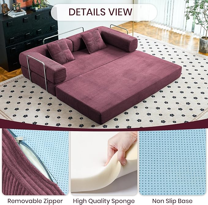 Compression Sofa - 62''Convertible Floor Sofa Bed - with Pillow Back Support Armrest - Comfy Foldable Sofa Bed Compressed Sofa in Box - Corduroy Fabric - for Living Room Bedroom (Wine Red)