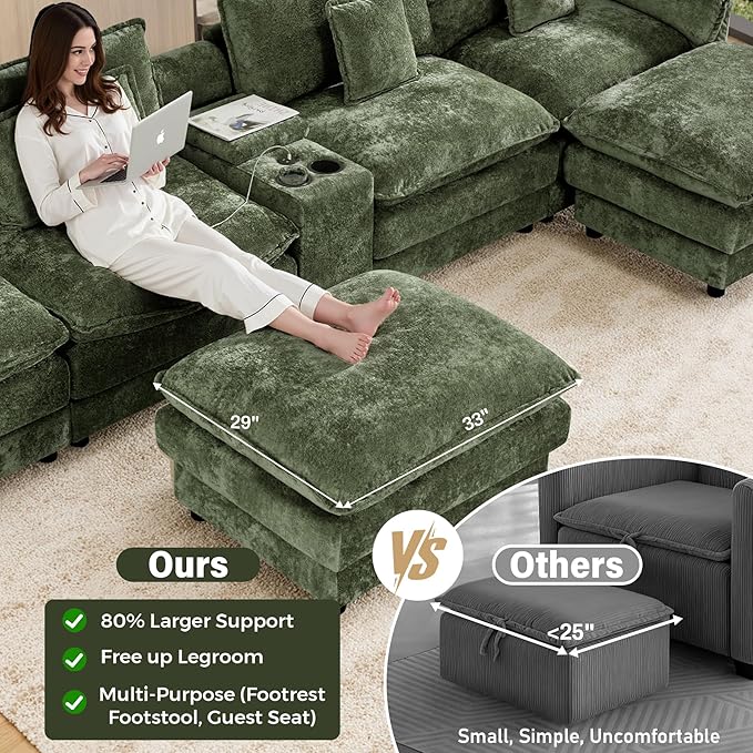 152 Oversized Modular Sectional Sofa U Shaped Cloud Couch Modern 6 Seat Sofa Set for Living Room Comfy Chenille Couch with Storage Central Console Movable Ottomans Cup Holders USB Ports Green