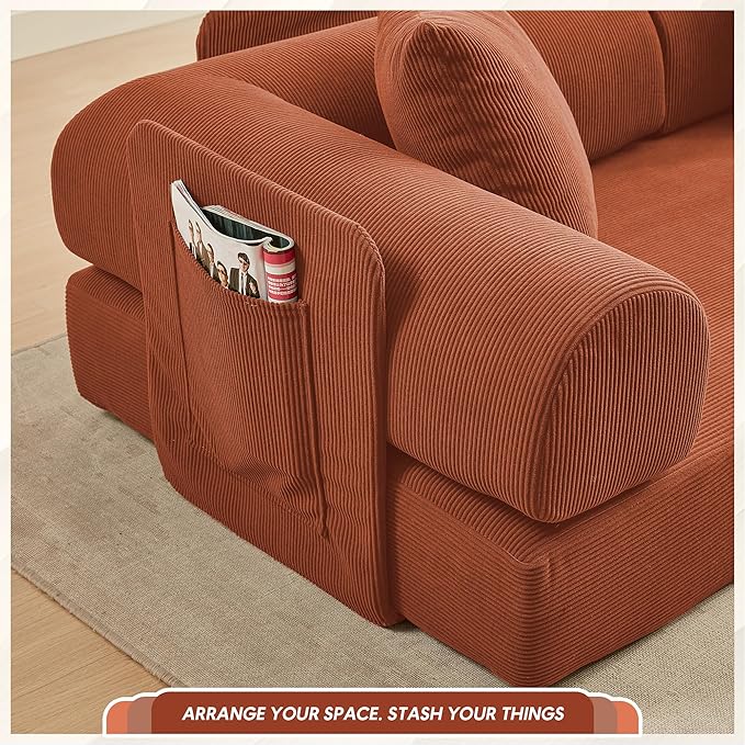 L Shaped Convertible Modular Sofa Bed with Cylindrical Pillow &amp Reversible Chaise Corduroy Folding Floor Sofa Couch Bed with Fixed-Shape Frame &amp Storage Pocket for Living Room Orange