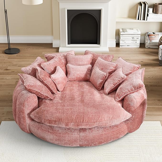 81 Round Sofa Bed Big Bean Bag Round Chaise Lounge Oversized Round Couch Boneless Reading Chair Plush Fluffy Chenille Large Chaise Chair for Living Room Bedroom Apartment Pink