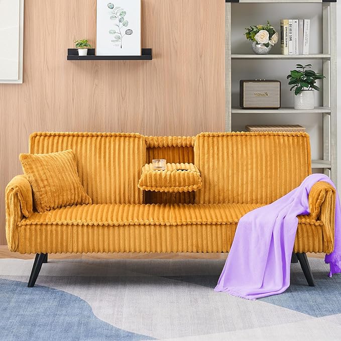 72” Corduroy Futon Sofa Bed with Pillows Modern Convertible Futon Couch with 2 Cup Holders&amp Metal Legs for Small Spaces Living Room Solid Wood Frame (Orange)