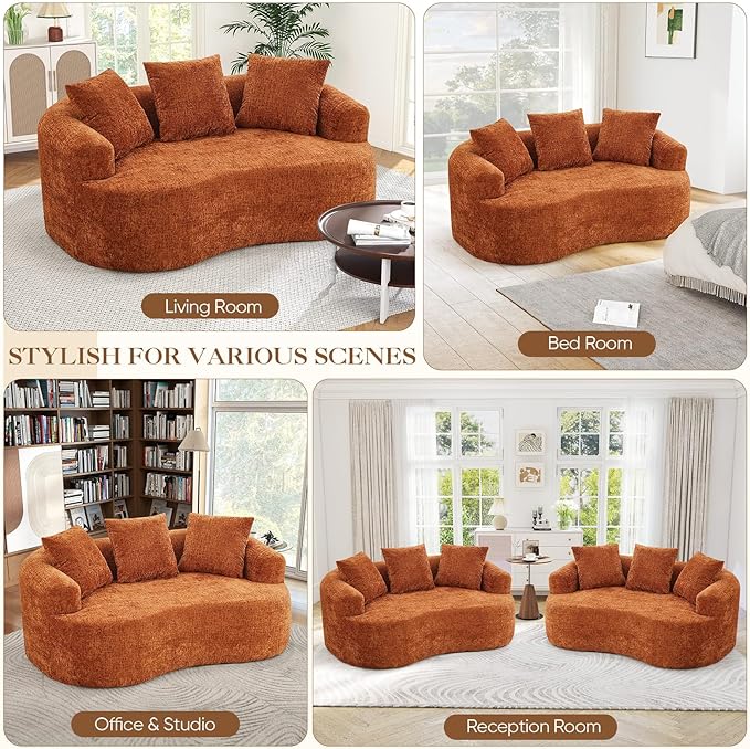 60 Curved Sectional Sofa for Small Spaces - Plush Chenille Modern Cloud Loveseat with Pocket Springs &amp Memory Foam Boneless Floor Couch for Living Room 27.6 Extra Deep Seat No Assembly (Orang