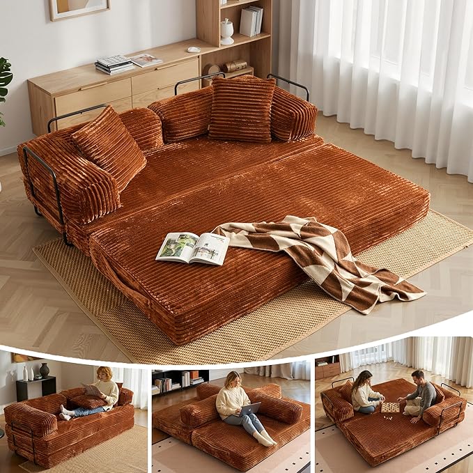 HOOOWOOO Convertible Folding Futon Sofa Bed4 in 1 Plush Corduroy Sleeper Couch No Assembly80.5 Boneless Loveseat 2 Chaise Lounge with Steel Frame(Brick Red)