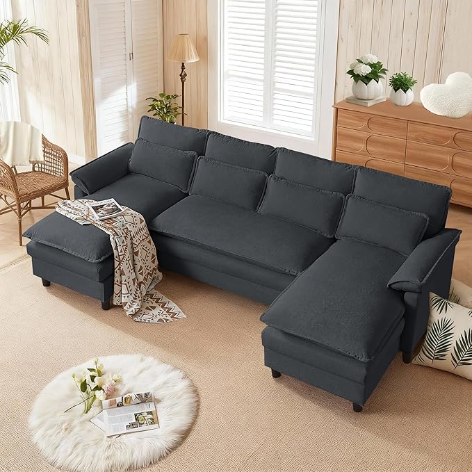 105 U Shaped Cloud Couch Sectional 4 Seat Home Sofa Living Room Comfy Couches with Storage Ottoman Double Layer Cushion Modular Sofas for Bedroom Apartment and Office Dark Grey