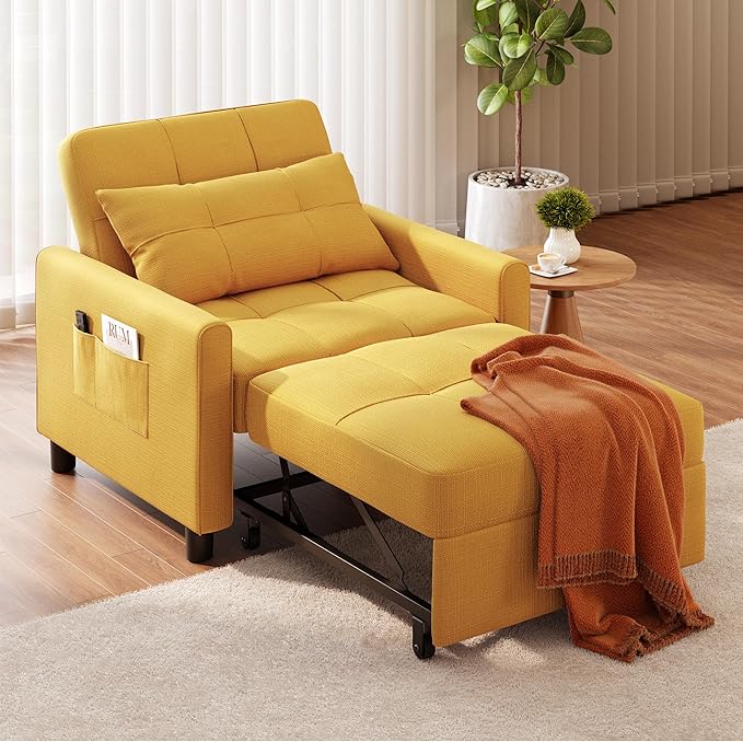 Ahomly Convertible Sleeper Chair Sofa Bed with 3-in-1 Design Adjustable Backrest and Storage Pocket for Living Room Yellow