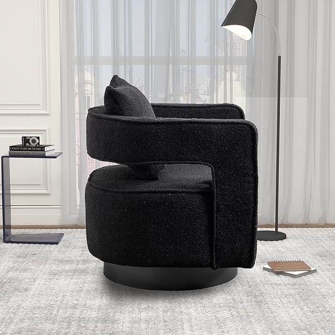 29 W Modern Boucle Swivel Accent Chair Open Back Comfy Sofa Chair with Black Wood Base for Nursery Bedroom Living Room Hotel Office Club Leisure Lounge Chair (Black)