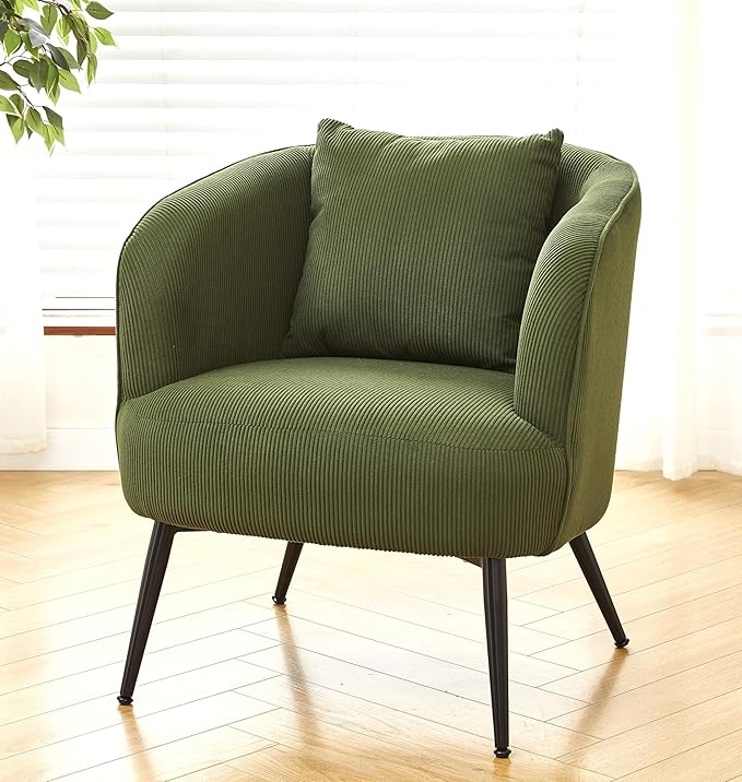 Modern Channel Corduroy Accent Chair with Black Metal Legs Luxurious Design and Comfortable Seating Ideal for Living Room Bedroom or Office Green