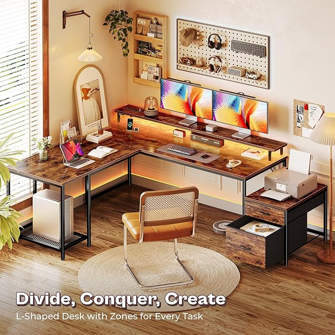 PRAISUN 66 L Shaped Gaming Desk with LED Lights &amp Power Outlets Computer Desk with Fabric Drawers and Print Stand Corner Office Desk Monitor Stand Mesh CPU Stand Rustic Brown