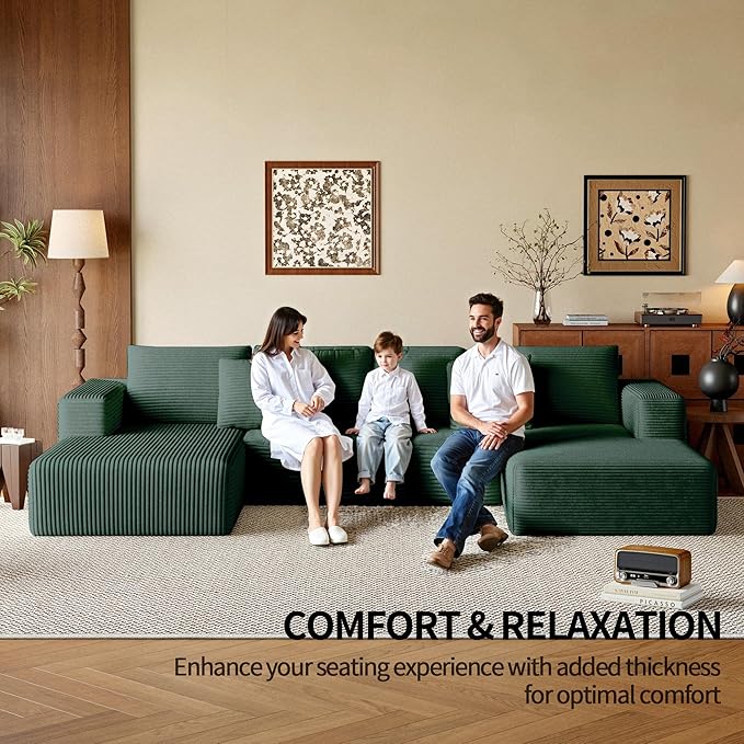 134.6'' U-Shaped Modular Sectional SofaModern Comfortable Corduroy Cloud CouchConvertible Boneless Couches for Living Room with OttomanNo Assembly(Green)