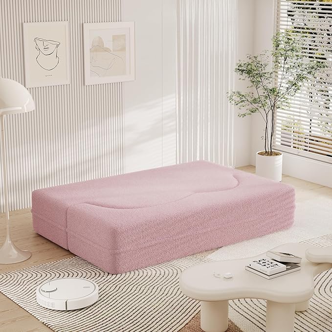 Floor Sofa Futon Cloud Couch Convertible Sofa Bed with 2 Pillows Teddy Fabric Foam-Filled Loveseat Sleeper Sofa Couches for Living Room 15 Full Size Folding Mattress No Assembly Required (Pink)