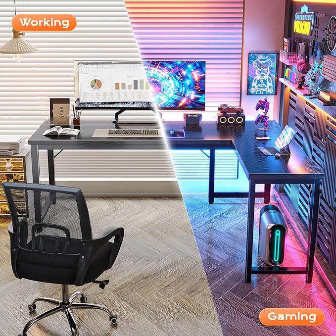 Huuger 63 Inch L Shaped Desk with 0.95 Inch Thicker Desktop Reversible Computer Larger Corner Office Gaming Desk Robust Metal Frame for Home Office Study Black