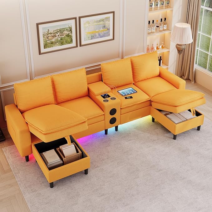 120 Sectional Couches for Living Room 6 Seater Sectional Sofas with Bluetooth Speaker &amp LED Light Modern Teddy Fleece U Shaped Sofa Couch with Storage/Charging Ports/Cup Holder (Yellow Couch)