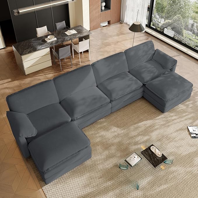 149.2 U Shaped Cloud Couch Sectional for Living Room Modern Modular Deep Seat Sofa with Movable Ottoman Comfy Fluffy Chenille Sectional Sofa Set Grey