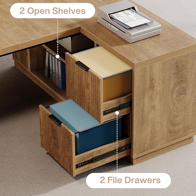 Tribesigns 77.9-inch Executive Desk with 2 Drawers Large L Shaped Computer Desk with Storage Cabinet and Shelves Business Furniture Workstation for Home Office (Light Brown)