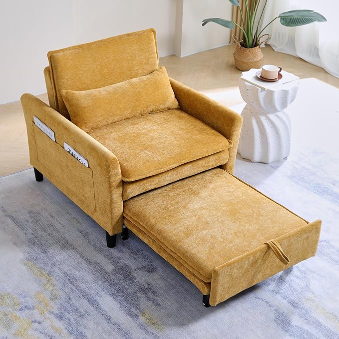 Sleeper Chair Pull Out BedChenille 3 in 1 Convertible Sleeper Couches Single Sofa Chair with Adjustable Backrest for Living Room Bedroom Small Spaces (Mustard Yellow)