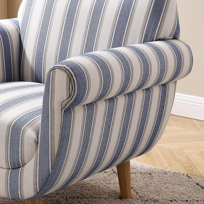 VANOMi Mid-Century Accent Chair with Stripe Pattern Modern Linen Fabric Armchair with Wood Legs Club Chair for Living Room Comfy Upholstered Side Chairs for Bedroom Reading Small Place (Navy)