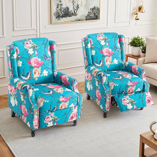 Pushback Recliner Chairs Set of 2 Floral Fabric Wingback Recliner Chair Upholstered Rivet Trim Armchair Push Back Recliner Accent Chair for Small Spaces Living Room Peacock Blue