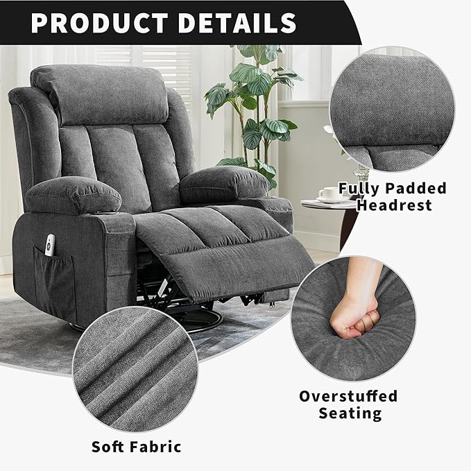 Rocking Recliner Chair with Heat and Massage Nursery Recliner 360° Swivel Chairs for Adults Lazy Boy Single Sofa Seat with 3 Positions 2 Side Pockets Cup Holders and USB Ports Grey