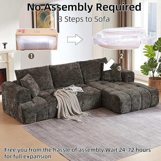 110 Inch Cloud Sectional CouchModern Upholstered Sofa with Deep SeatChenille Boneless Couches with L-Shape ChaiseSponge Compressed Couches for Living Room (Brown Right Facing Chaise)