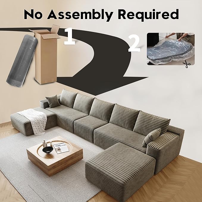 168.5 U Shaped Cloud Sectional Sofa for Living Room Plush Corduroy Cover Fluffy Memory Foam Cushions No Assembly Required Modular Chaise Lounge Oversized Comfortable Couches Set Camel