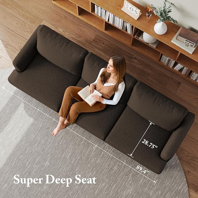 3 Seater Sofa Couch with Deep Seats 89 Mid Century Modern Upholstered Sofa with Armrests Comfy Couches for Living Room Bedroom and Office Linen Fabric Apartment Couch (Linen Brown)