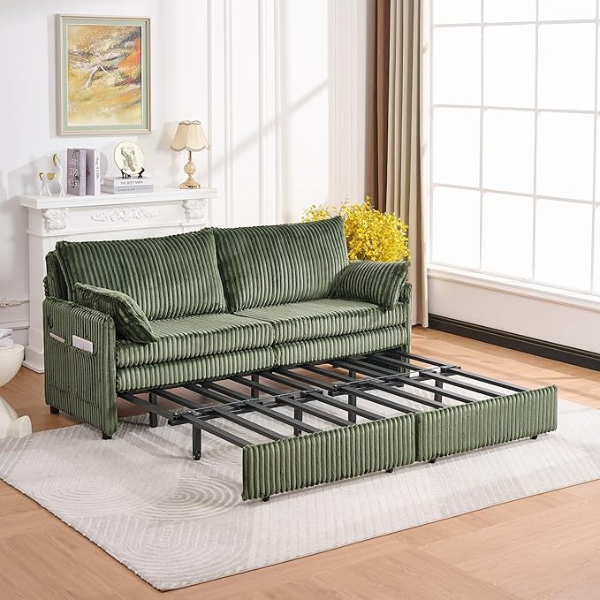 KEIKI 73 3-in-1 Pull Out Sofa Bed Convertible Corduroy Sleeper Sofa with USB Ports &amp Side Pockets Modern Futon Couch for Living Room Apartment or Bedroom Green