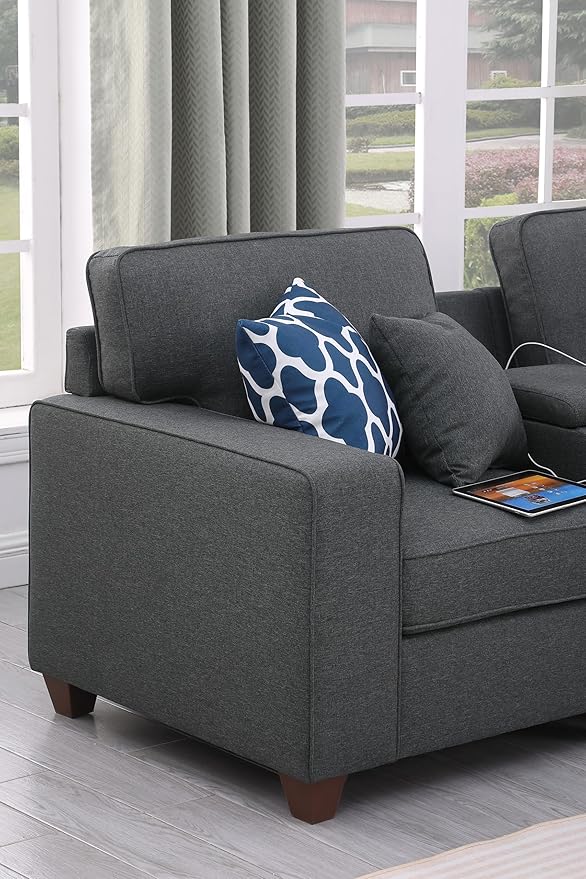 127 L-Shaped Sectional Couch with Movable Ottoman &amp 6 Throw Pillows7 Seat Chenille Upholstered Sofa W/2 Cup HoldersUSB Port &amp Hidden Storage BoxDIY Combinationfor Living RoomApartmentGr