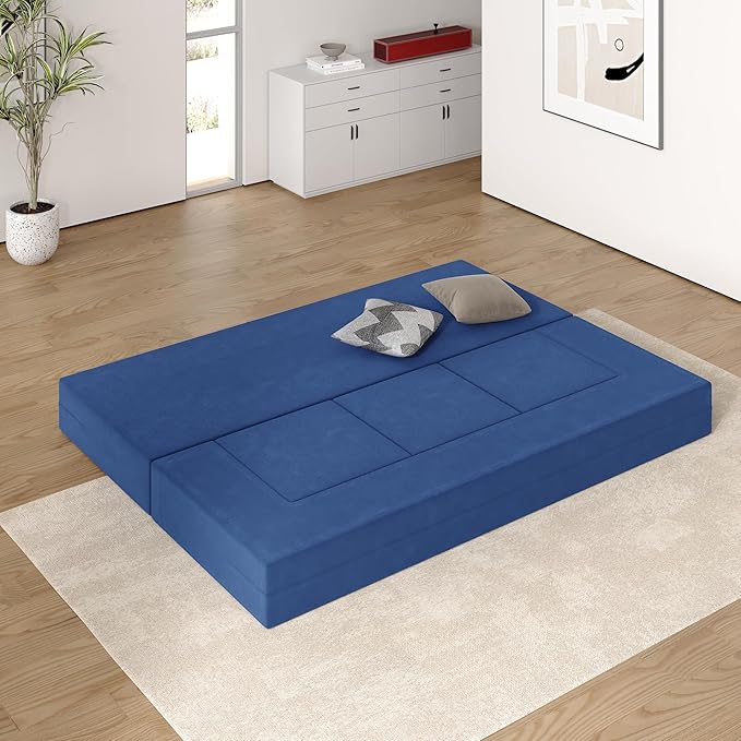 Folding Sofa Couch Queen 3-in-1 Floor Couch Bed Velvet Foam Sleeper with 3 Ottomans Removable Cover Futon Convertible Sofa Bed for Living Room/Guest/Play Room/Office/Dorm(Dark Blue)