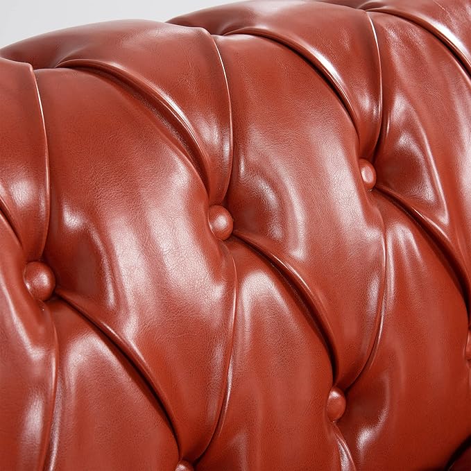 GDFStudio 85 Tufted Button Chesterfield Sofa with Deep Seat Cushions Rolled Arms &amp Accent Strip Midcentury Modern 3-Seater Upholstered Sofa Couch for Living Room Classic Furniture Orange + PU