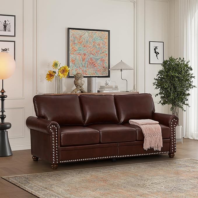 82 Faux Leather Pu Couch Underseat Storage Classic Sofa Elegance 3 Seat with Rolled Armrests Nailhead Trim Wood Legs Classic Living Room Accent Sofa 3 Seat-Burgundy