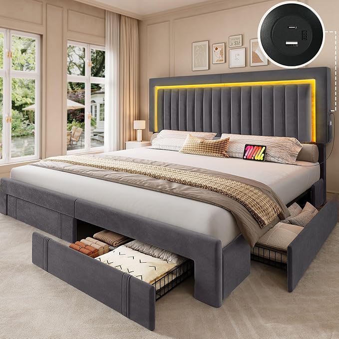 YITAHOME King Size Bed Frame with Adjustable Headboard 4 Storage Drawers and RGB LED Lights Velvet Upholstered Platform Bed with USB Ports No Box Spring Needed Fast Assembly Noise-Free Dark Grey
