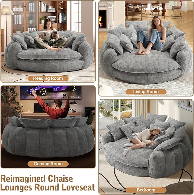 82'' Oversized Upholstered Sofa Bed Round Chaise Lounge Chair Indoor Modern Chenille Boneless Couch No Assembly Required Plush Sleeper Chair with 14 Pillows for Living Room Light Grey