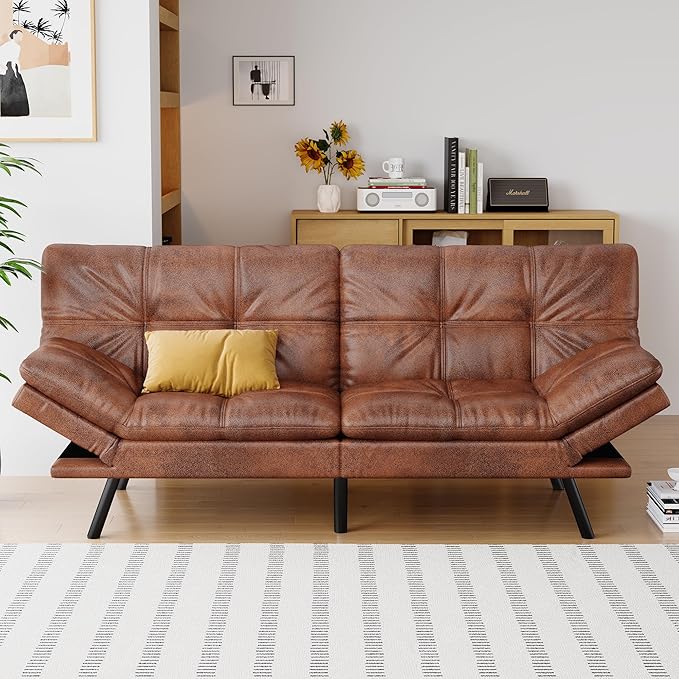 Futon Sofa Bed Convertible Couch Brown Faux Leather Sofa Bed with Memory Foam Adjustable Backrest &amp Armrests Multifunctional Small Loveseat Sleeper Sofa for Living Room Apartment Office