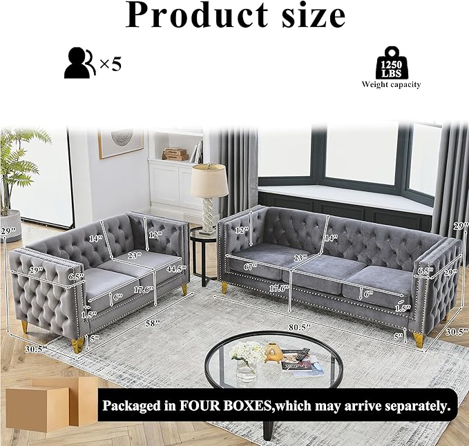 2 Piece Chesterfield Velvet Combination Sofa Set for Living Room3-Seater and Loveseat Sofa Set Tufted Couch with 4 PillowsRolled Arms and Nailhead for Living Room Bedroom Office Grey