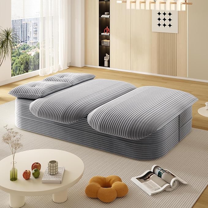 78.7 Convertible Sleeper Sofa Bed with 2 Soft Pillows 2-in-1 Fold Out Couch Upholstered in Luxurious Plush Corduroy Fabric Deep Seat Couch for Living Room Bedroom Guest Room Light Grey
