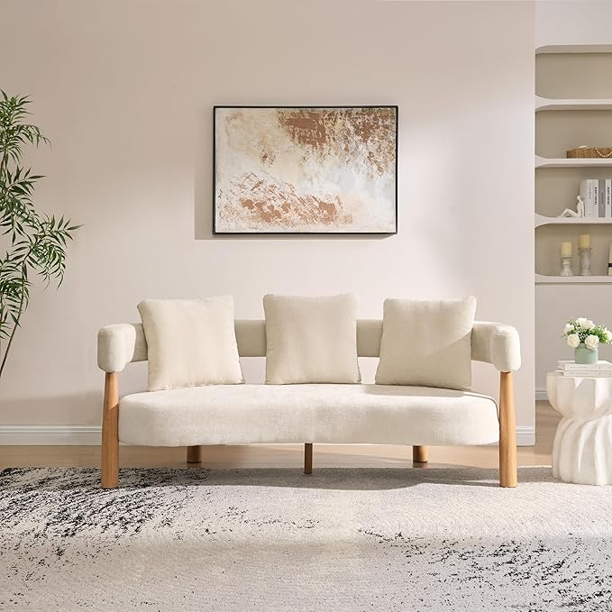 Christopher Knight Home Yulez Curved 3-Seater Sofa Couch with 3 Accent Pillows Chenille Fabric Upholstered Lounge Seating 76.5'' Home Office Bedroom Sofa Chair Comfy Wooden Frame Sofa Beige