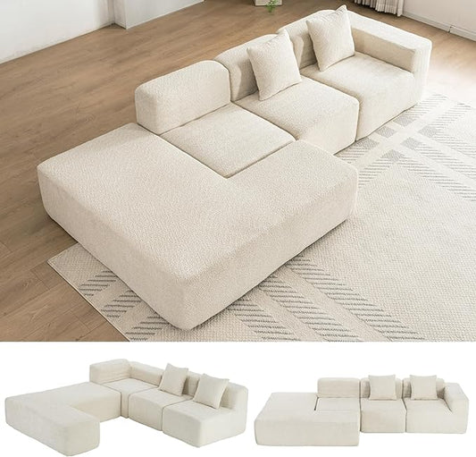 Merax 116.5 Minimalist Cloud Sectional Couch with L-Shape Chaise Cream Modern Modular Sofa with Deep Seat White Convertible 4 Seat Sleeper Couches Set for Living Room No Assembly Required Beige